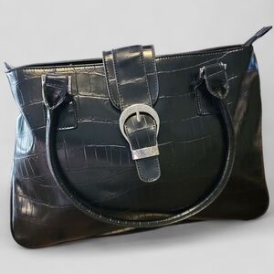 COLDWATER CREEK | Elegant Black Crocodile-Embossed Faux Leather Tote Handbag